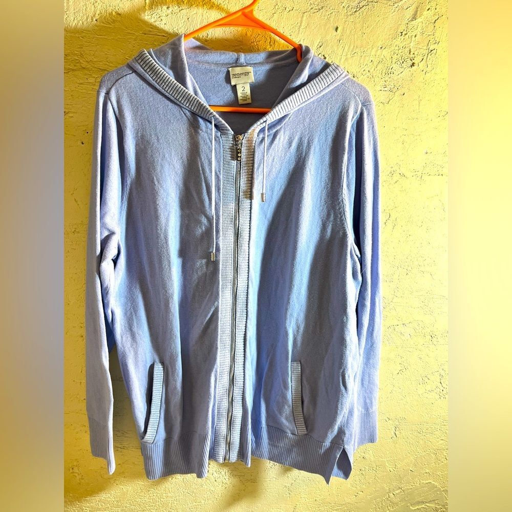 Light Blue Zip-Up Hoodie by Chicos Zenergy w metallic trim, silver zip, pockets